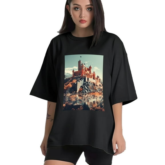 Plus Size Shirt for Women Black Tops for Women Short Sleeves Shirt for Women Castle (85） T Shirt Crewneck Shirt for Women XS
