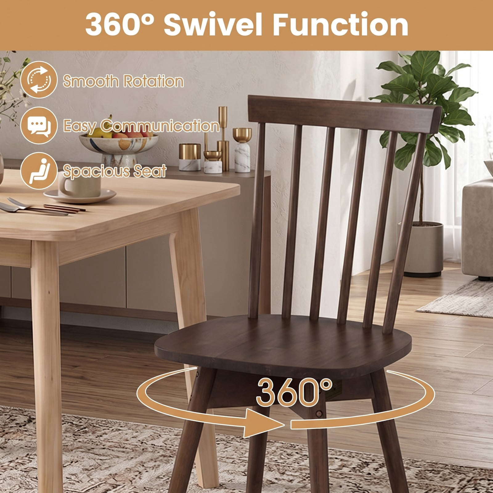 Furnibear Windsor Dining Chairs Set of 2 Mid Century Modern Rubber Wood Kitchen Chairs with 360 Degree Swivel Seat and Spindle Back, Armless Solid Wood Side, Walnut