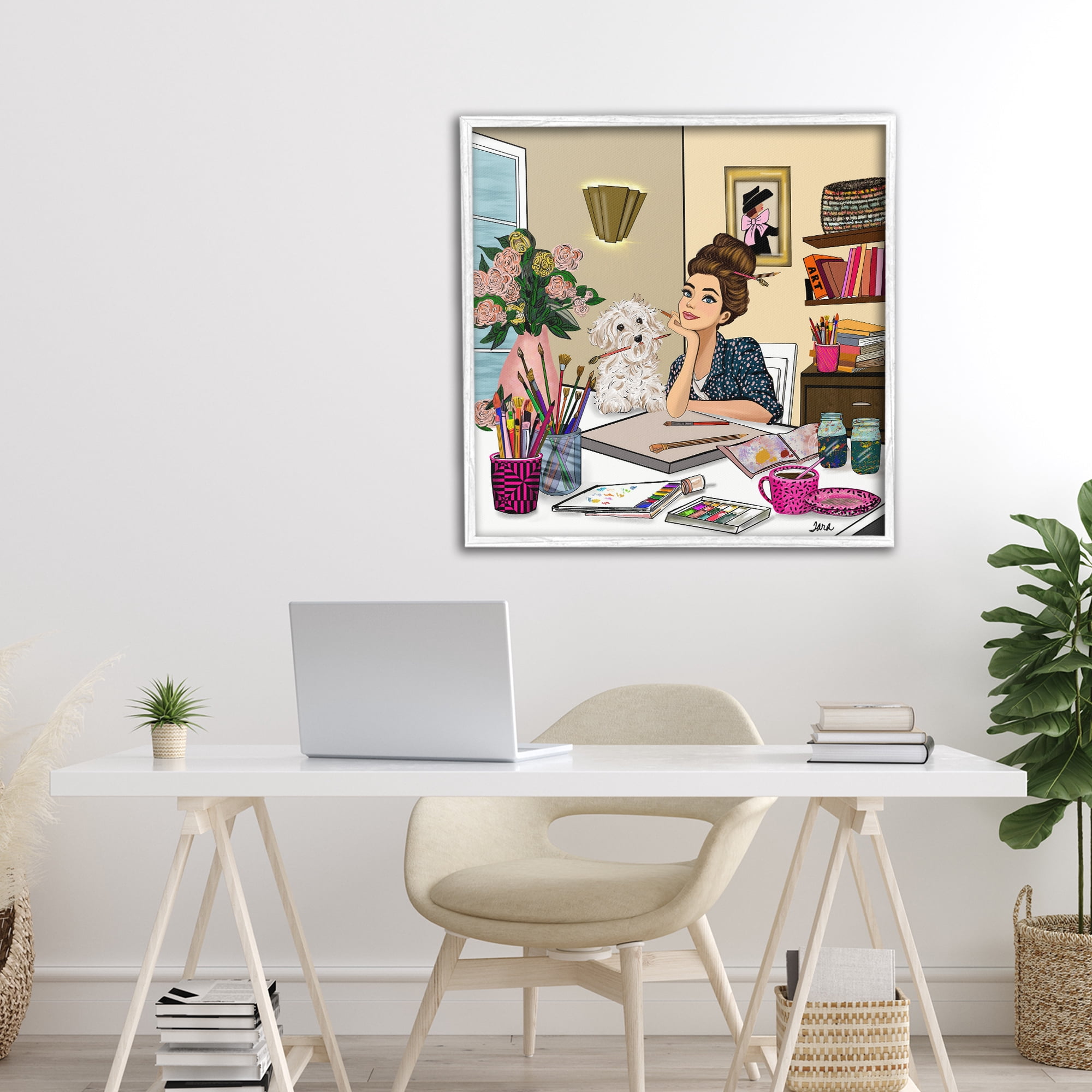 Stupell Industries Creative Art Girl at Desk White Framed Giclee Art, design by Tara Boone