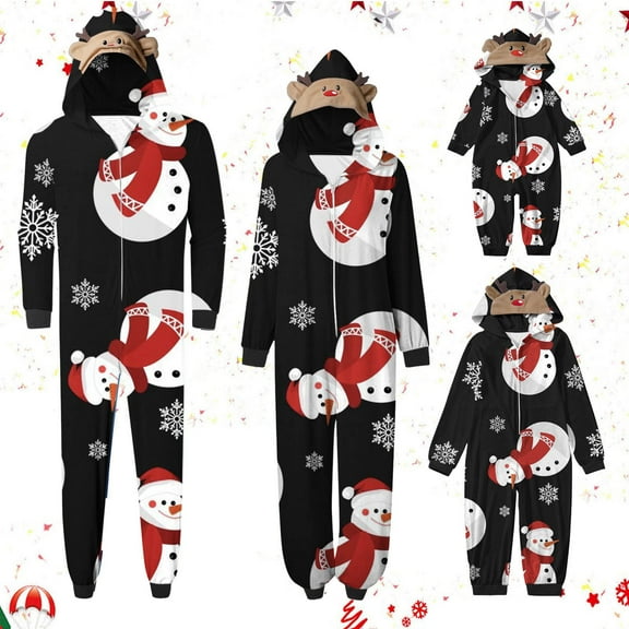 Odeerbi Matching Family Christmas Pajamas Sets Hooded Onesie Sleepwear Boys Girls Cute Xmas Snow Print Plush Jumpsuit 2025 Long Sleeve Parent-Child Loungewear Sleepwear Jammies for Kids