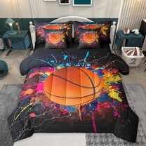 jejeloiu Basketball Sport 7pcs Bedding Comforter Set,Boys Ball Game Queen Bedding Sets,Colorful Splashing Ink Queen Sheet Sets For Boys Teens,Breathable Home Decor Reversible