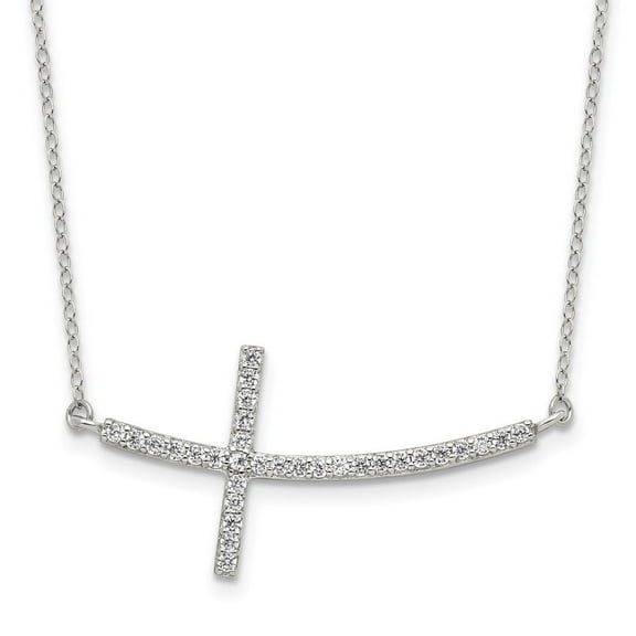 Auriga 925 Sterling Silver Rhodium-plated CZ Sideways Cross w/2in ext. Necklace for Women 16"
