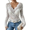 thumbnail image 2 of Women's Floral Embroidery Eyelet Lace Crew Neck Long Sleeve Top, 2 of 8