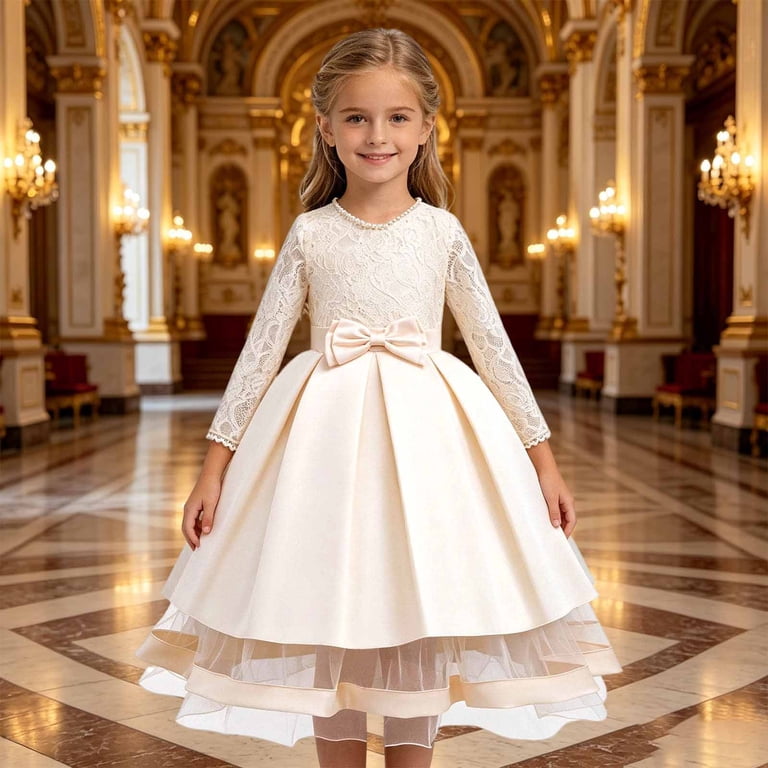 long sleeve casual dresses for juniors Gbsyewxs Girls Summer Dress Long Sleeve Solid Color A Line Layered Gowns  For Teens Toddler Crew Neck Elegant Girls Dresses Size 7-8 Years