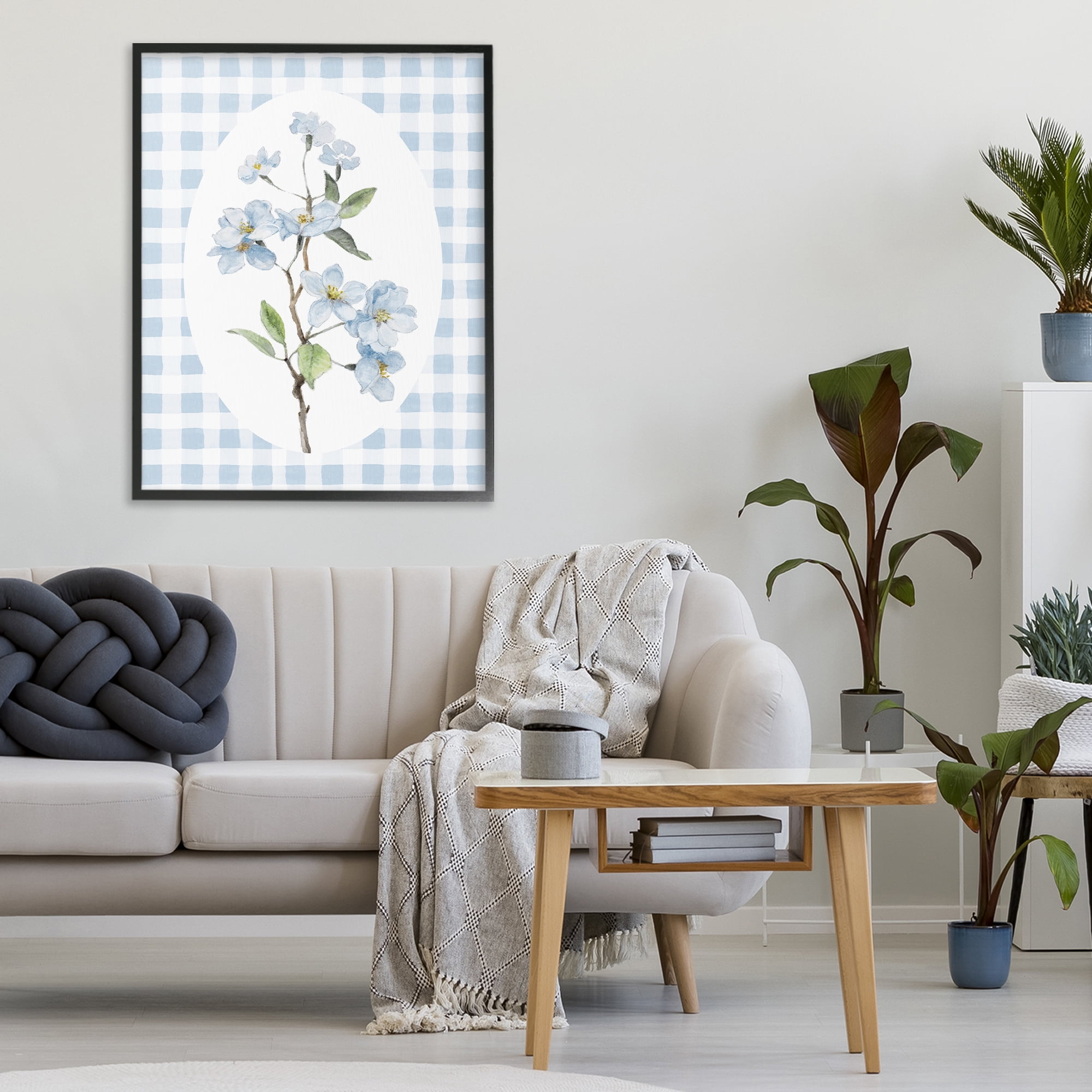 Stupell Industries Blooms on Blue Checkers Black Framed Giclee Art, design by Lanie Loreth
