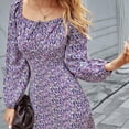 thumbnail image 7 of Women Slim Floral Print Dress French Midi Long Square Neck Long Sleeve Shirred Back Dresses Casual Swing Midi Dress, 7 of 7