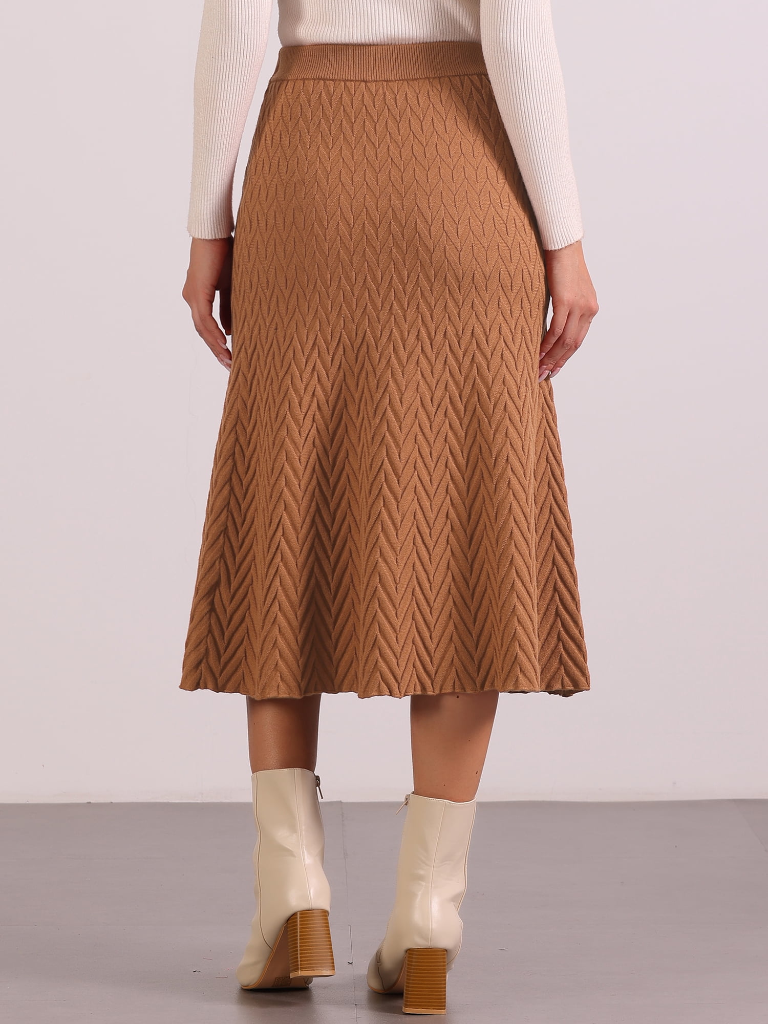 DARING DIVA Women's High Waist Fall Stretchy Fishtail Cable Knit Midi Skirts L Camel