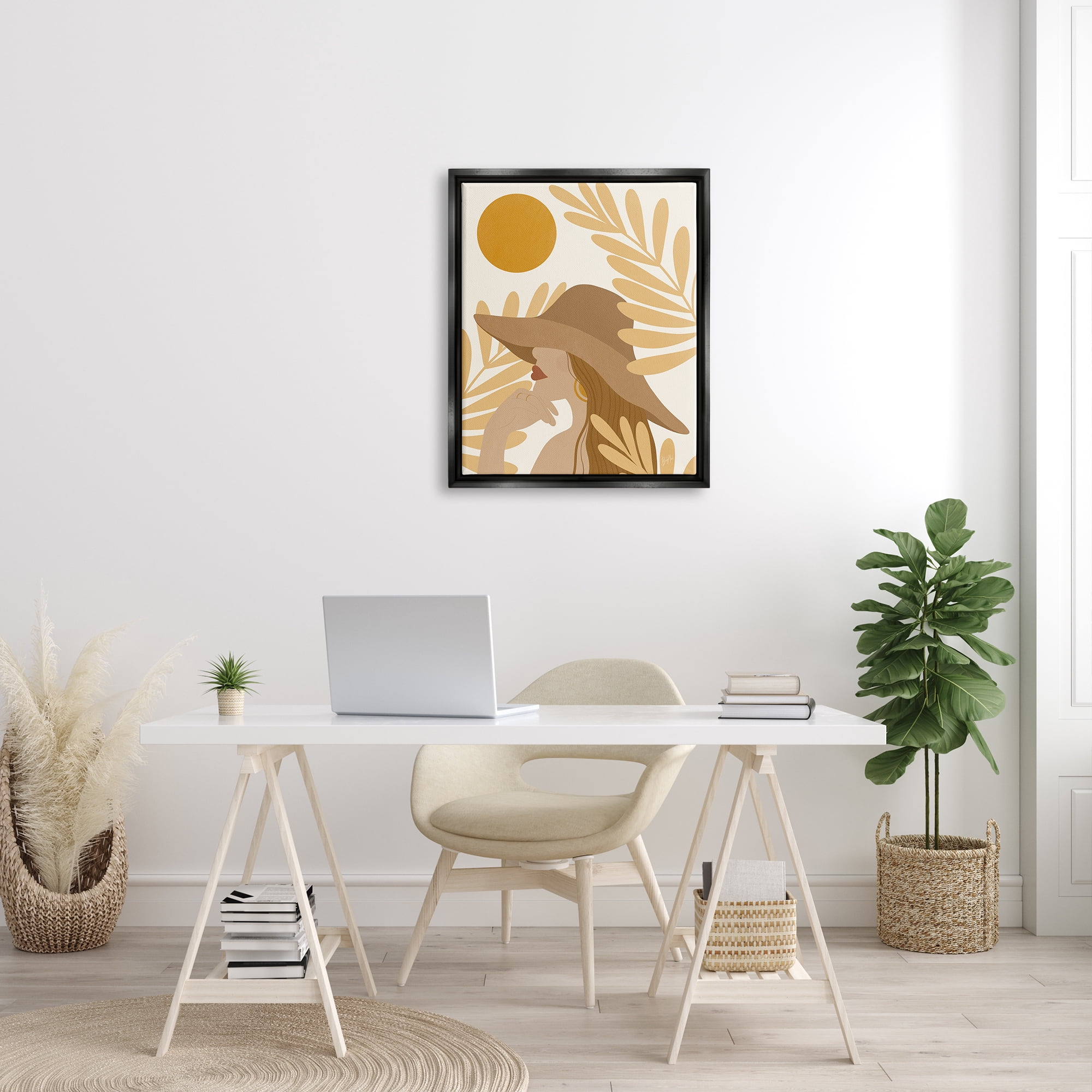 Stupell Industries Woman in Hat Warm Yellow Cutout Leaf Shapes Graphic Art Jet Black Floating Framed Canvas Print Wall Art, Design by Birch&Ink