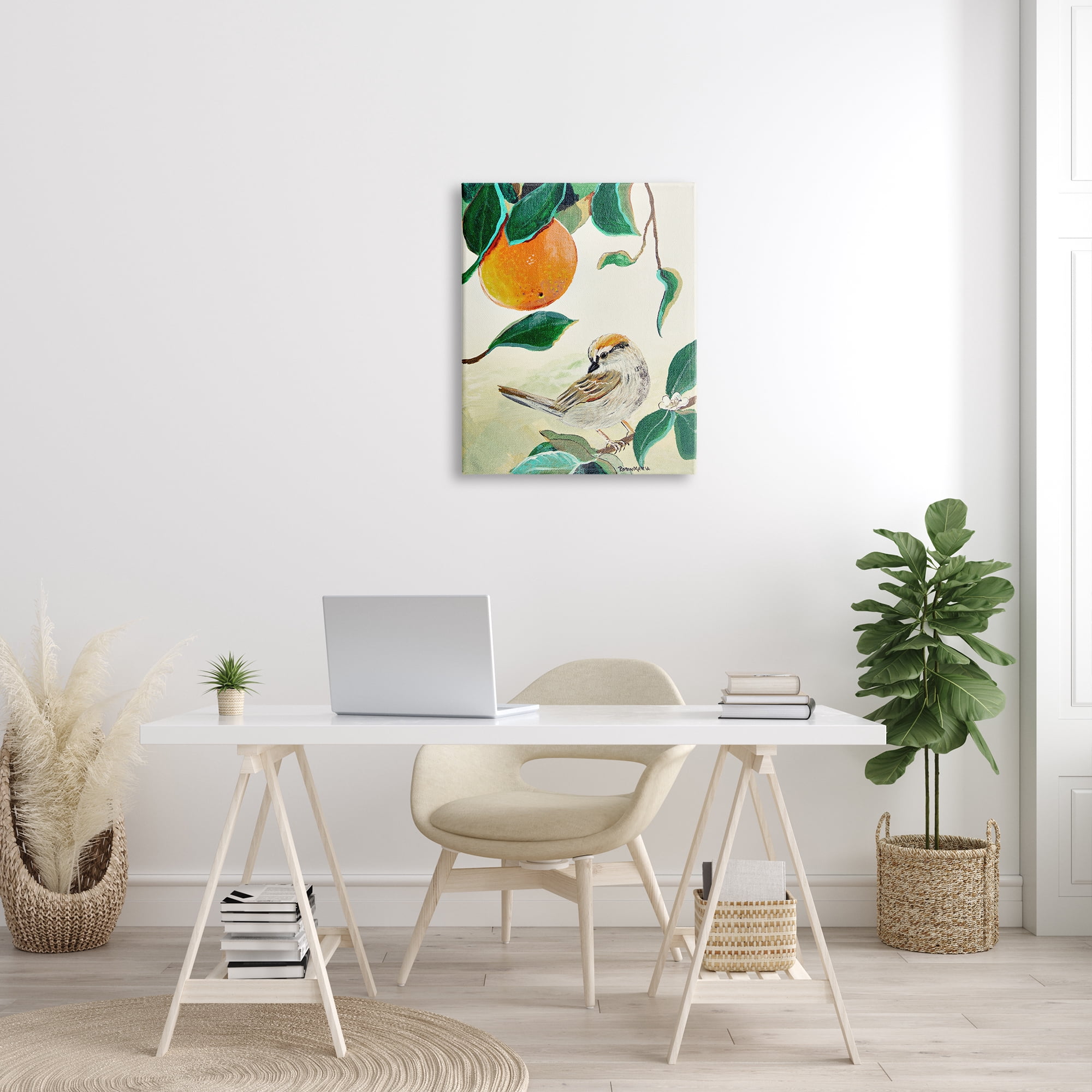 Stupell Industries Bird Perched Orange Fruit Tree Branch Leaves Painting Gallery Wrapped Canvas Print Wall Art, Design by Robin Maria