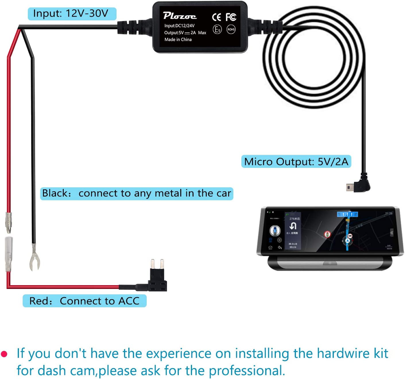Type-C Dash Cam Hardwire Kit, TSV 12V-24V to 5V USB C Dashcam Hard