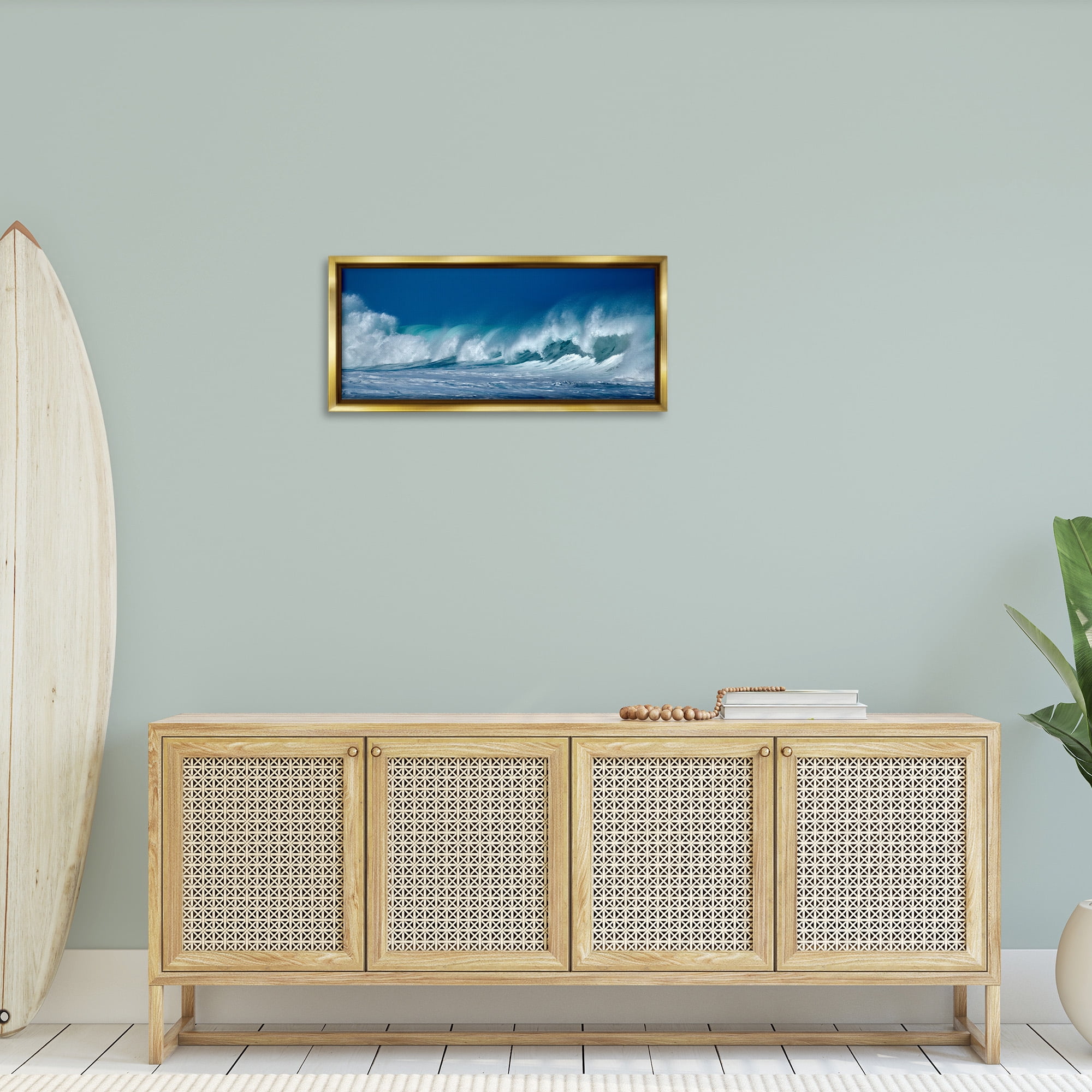 Stupell Industries Panoramic Tsunami Wave Splashing Nature Photography Gold Floater Framed Canvas Art Print Wall Art, 31 x 14