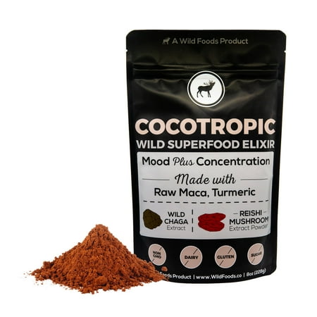 Wild Cocotropic Raw Cacao with Reishi Mushroom, Chaga Mushroom Extract, Raw Maca and Turmeric, Cognitive Enhancing Hot Cocoa Beverage, Nootropic Powder for Smoothies, Shakes, Butter