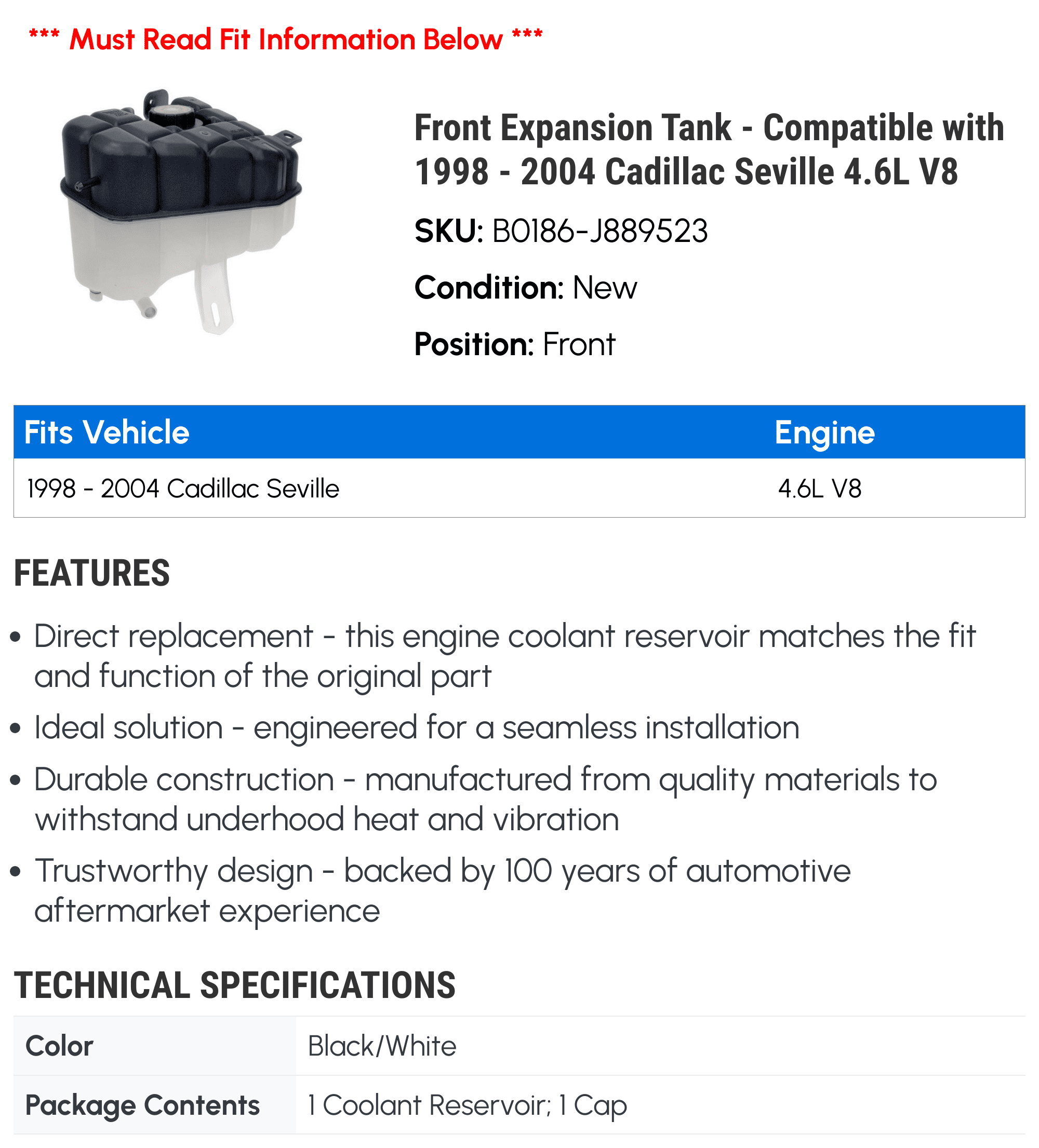 Front Expansion Tank - Compatible with 1998 - 2004 Cadillac Seville 4.6L V8 1999 2000 2001 2002 2003