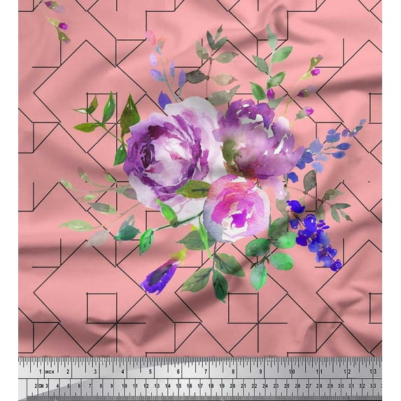Soimoi Cotton Voile Fabric Watercolor Flower Geometric Print Fabric by the Yard 42 Inch Wide