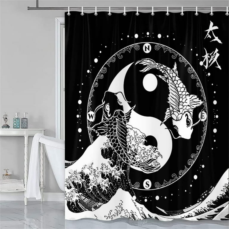 Japanese Shower Curtain, Black and White Yin Yang Koi Fish Compass with  Japanese Wave Bathroom Accessory Set, Farmhouse Morden Fashion Fabric Shower  Curtains with Hooks for Home Decorations (69X70) 