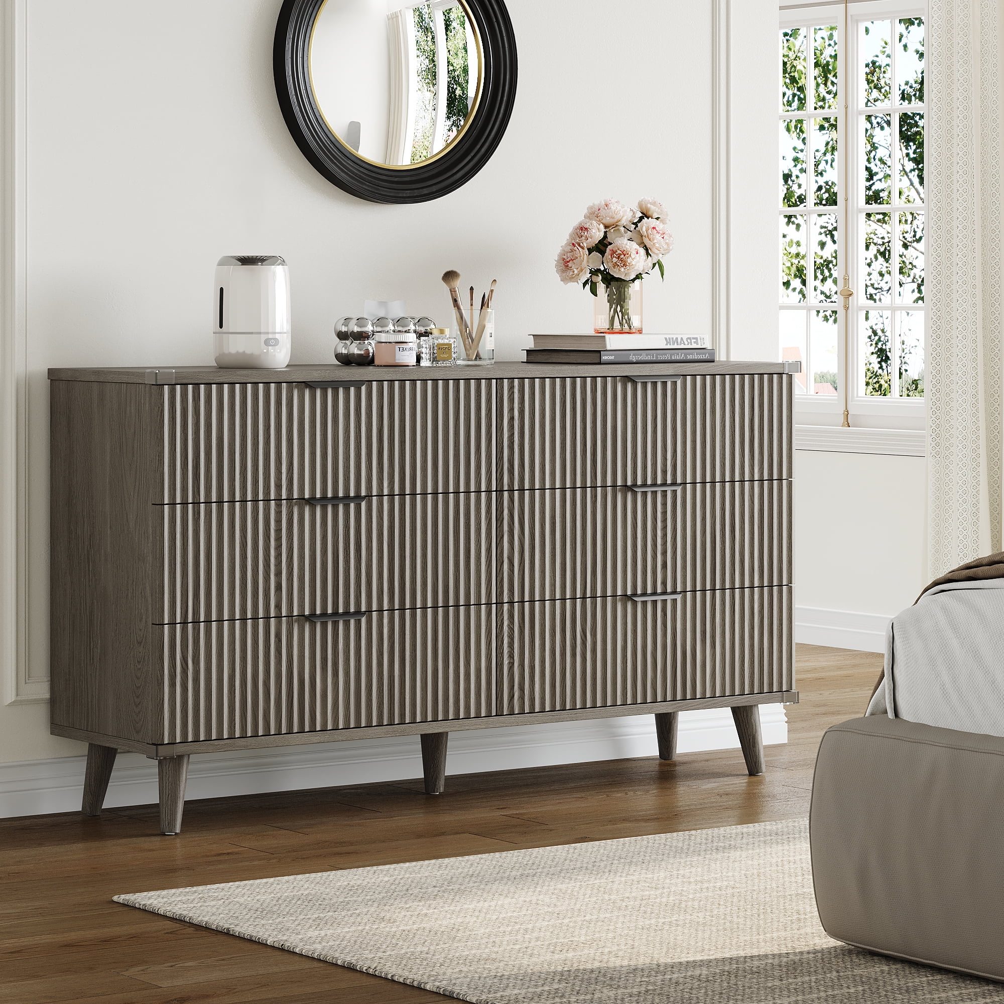 Aufeile 6 Drawer Dresser for Bedroom, 53" Wood Dresser & Chest of Drawers with Fluted Design, Bedroom Dressers for Adults & Dresser Organizer, Long Dresser with Storage, Dark Gray Oak