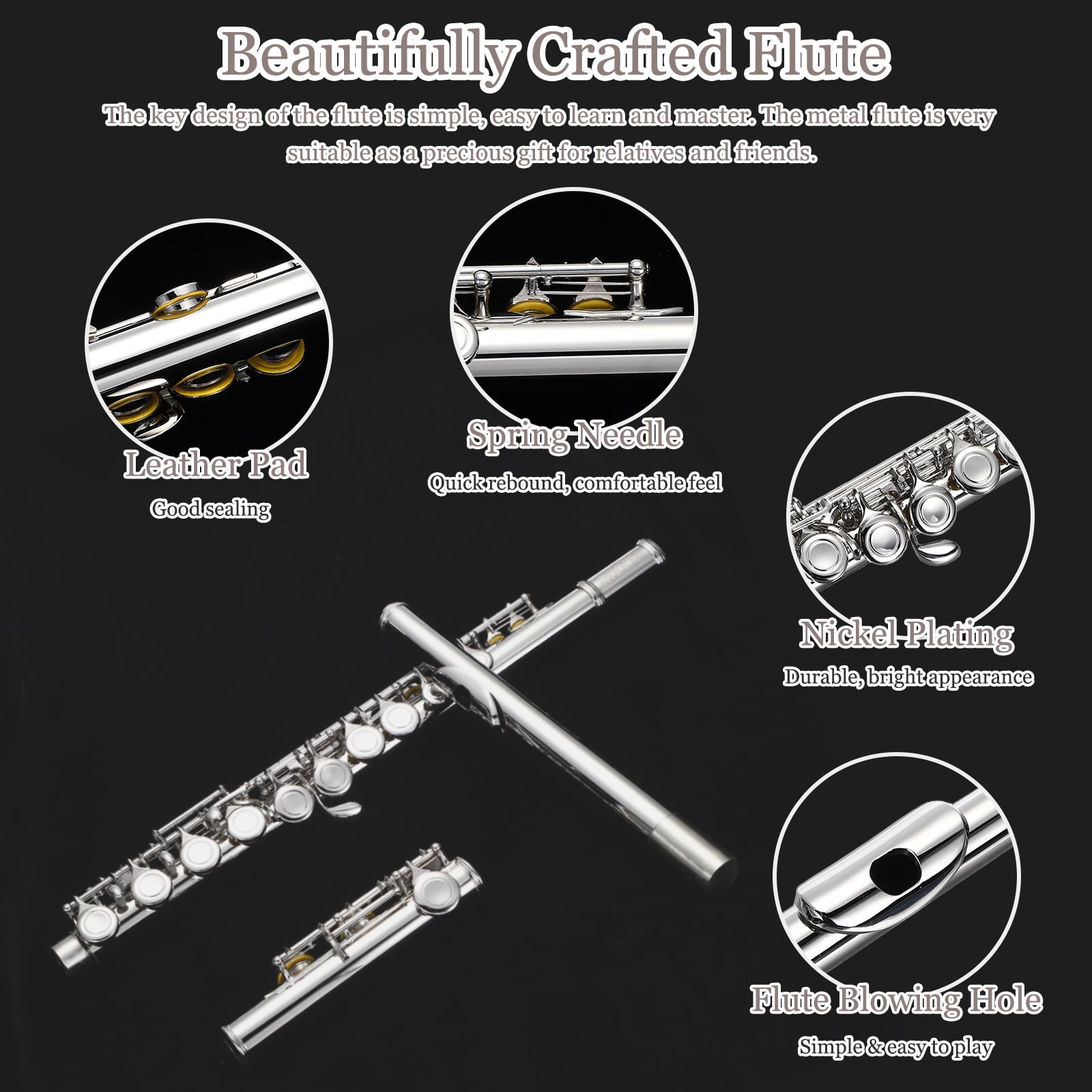 Uxcell C Flutes Closed Hole 16 Keys, Professional Flute for Beginner, with Case, Stand, Cleaning Kit