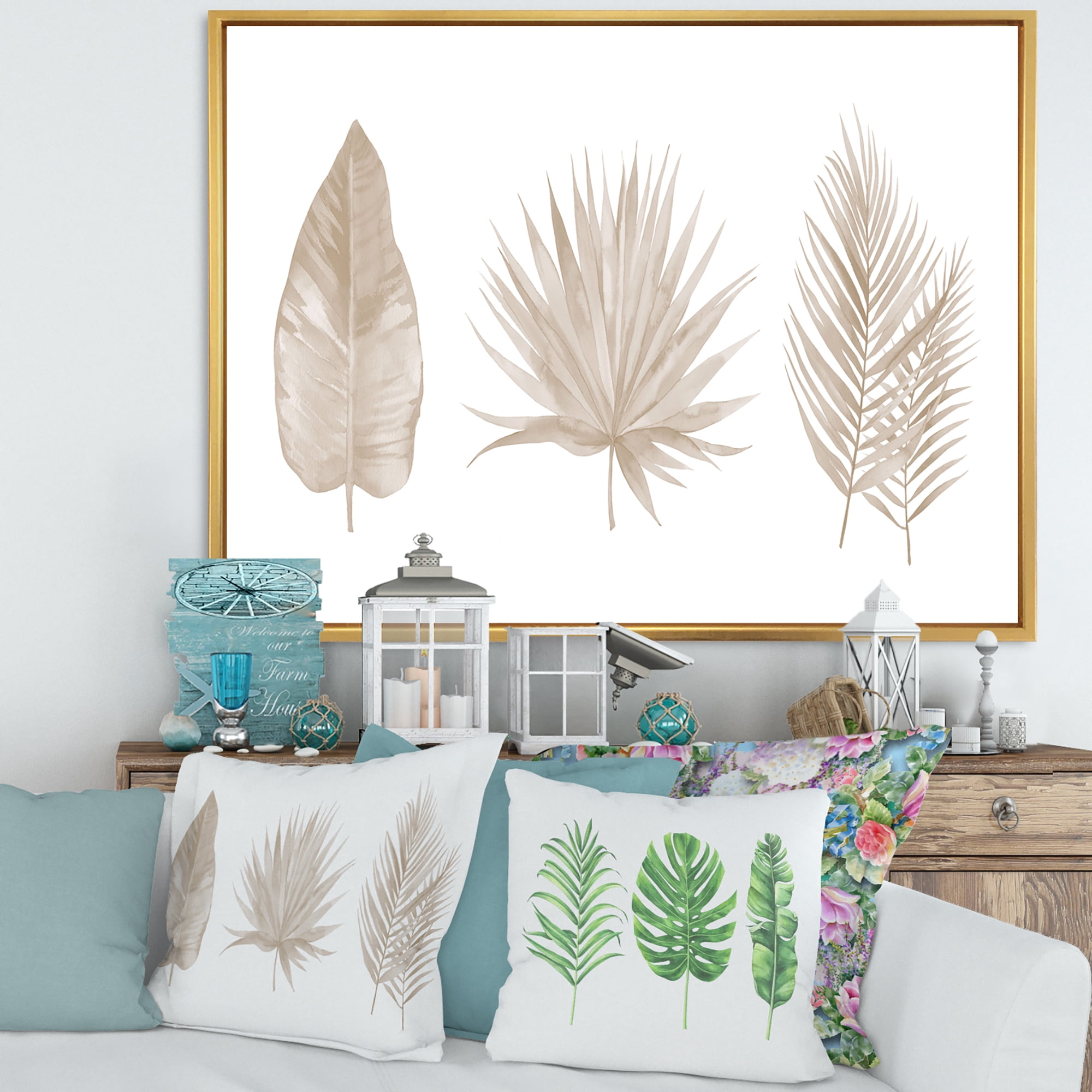 Designart 'Tropical Beiges Leaves On White' Traditional Framed Canvas Wall Art Print