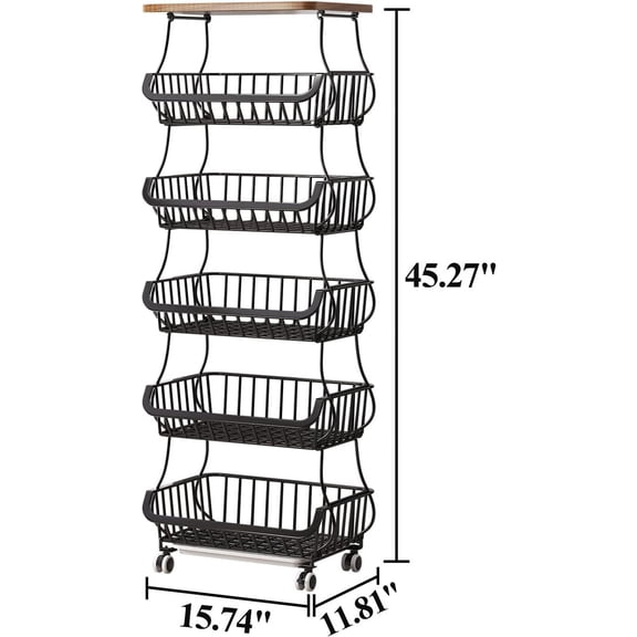 6 Tier Fruit Vegetable Basket for Kitchen with Wooden Tabletop, Storage Cart Vegetable Basket Bins for Onions and Potatoes, Wire Storage Basket Organizer Utility Cart with Wheels, Black
