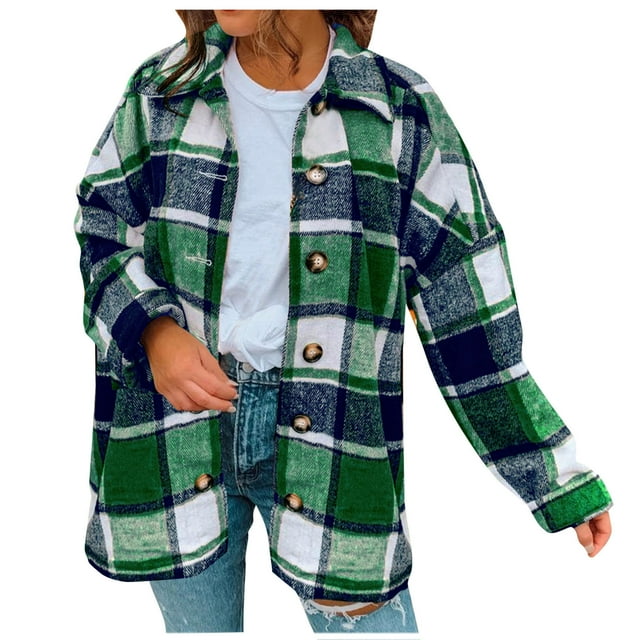 ZVAVZ Womens Plaid Shacket Jacket Plus Size Flannel Drape V Button Down Long Cardigan Fall Winter Coats for Women Green,M