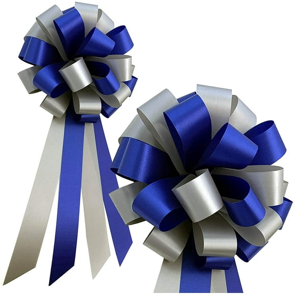 Royal Blue & Silver Pull Bows - 8" Wide, Set of 6, Wedding Pew Bows with Tails, Memorial Day, 4th of July, Christmas, Hanukkah