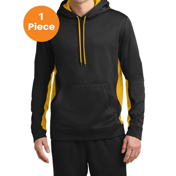 Sport-Tek ST235 Sport-Wick Fleece Colorblock Hooded Pullovers, Black/Gold, XL, Mens Hoodies and Sweatshirts