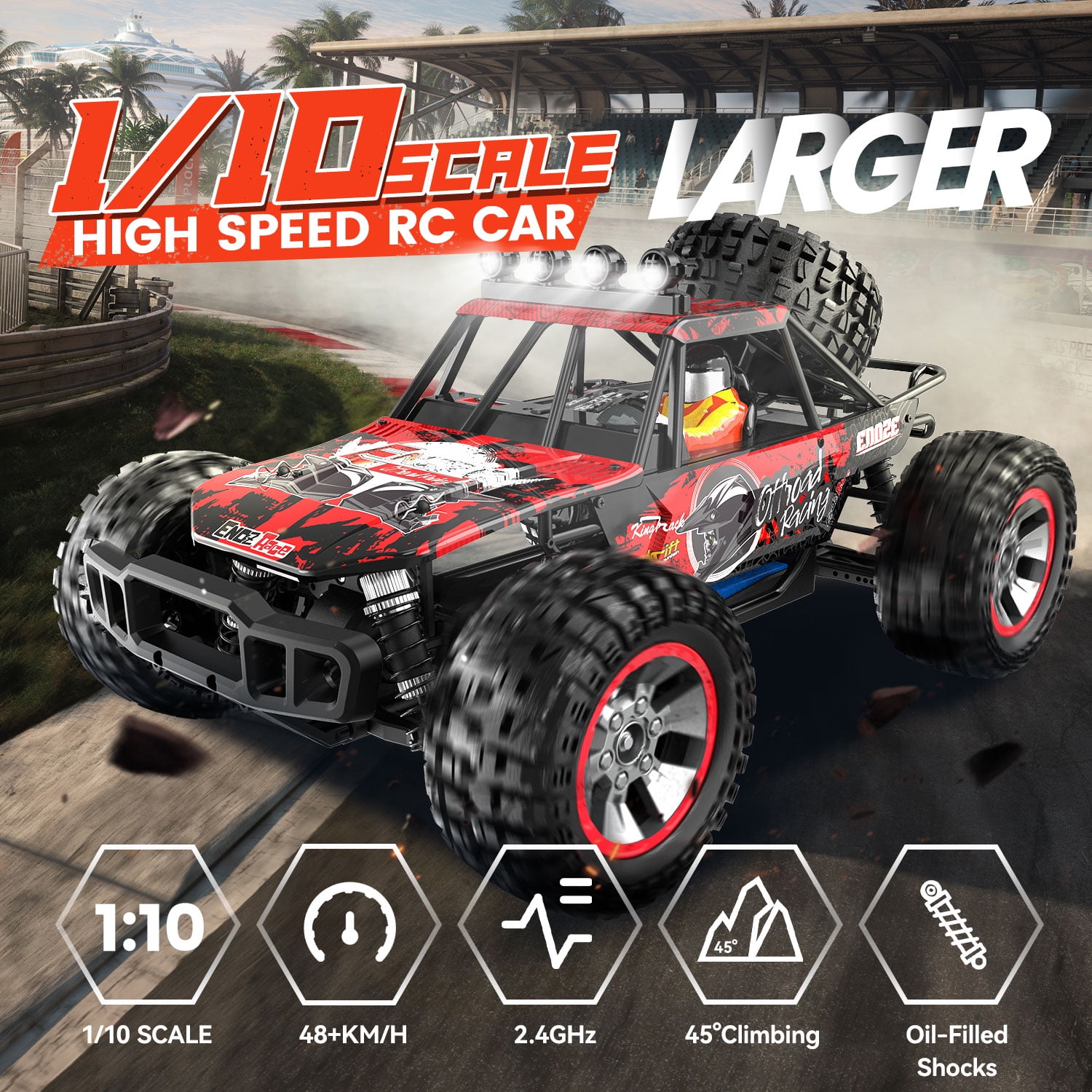 JoyStone 1:10 Large RC Car 35+MPH Hobby Grade Fast RC Truck with Lights, 4WD All Terrain off Road Monster Truck Electric Vehicle with 2 Batteries for Adults Boys, Red