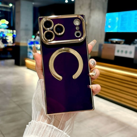 MagSafe Compatible Case For iPhone 17 Pro Max, Luxury Plating Edge with Magnetic Ring, Full Camera Lens Protection, Shockproof Anti-Fall Protective Phone Cover for Men Women, Deep Purple