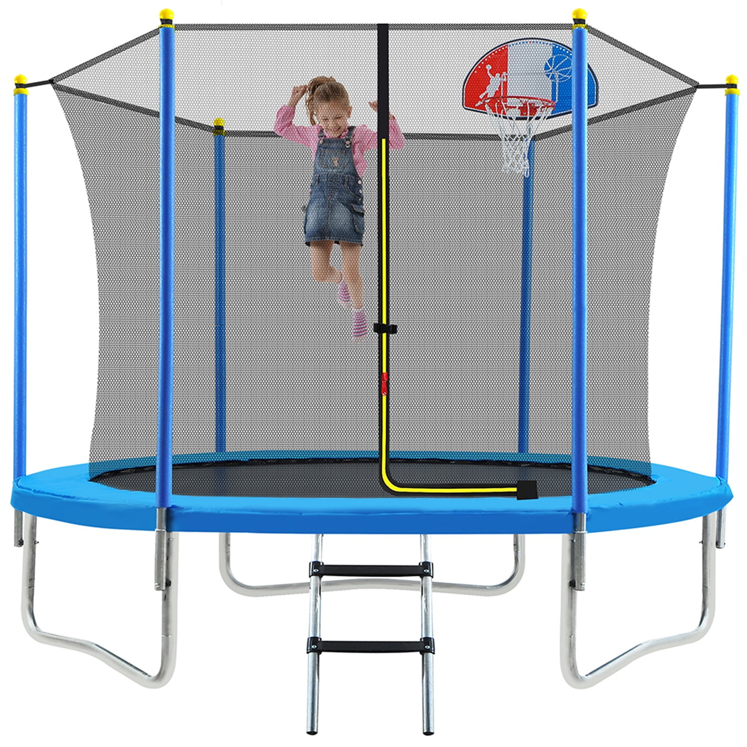 Private Jungle 8FT Trampoline, Jump Recreational Trampolines with Enclosure Net, Ladder and Basketball Hoop for Kids Family - Blue