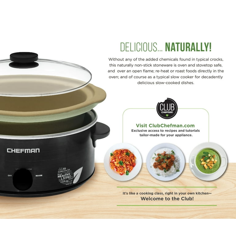  Chefman 6 Quart Slow Cooker with Locking Lid, Ceramic Crock  with Portable Cook and Carry Travel Latching Lock, Large Easy Clean  Dishwasher Safe Pot Insert, Manual 3 Heat Settings, Stainless Steel