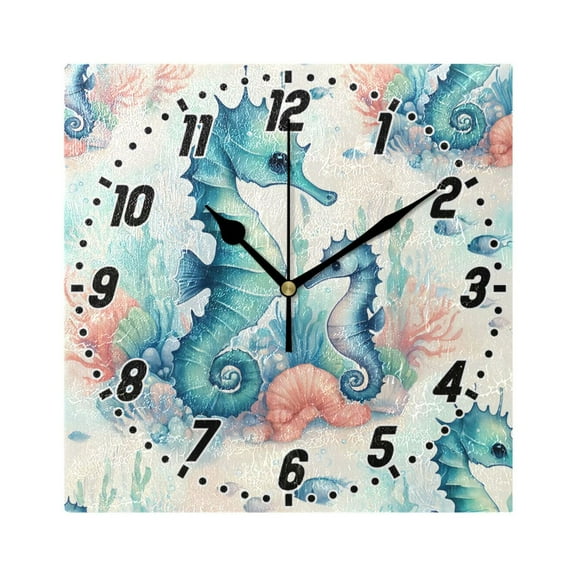 Cute Seahorse and Seaweed Wall Clock Battery Operated Silent Non-Ticking Bedroom Office Kitchen Home School Decor 7.8"(Black)