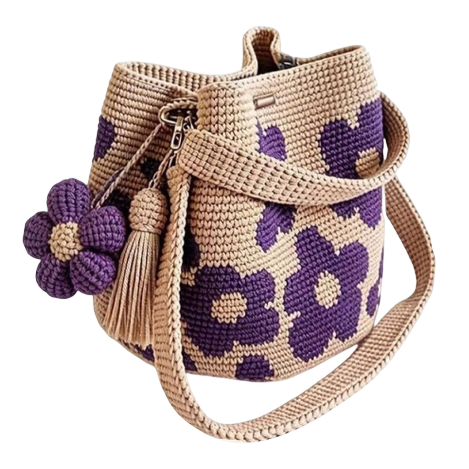 Crochet Crossbody Bag for Women, Boho Flower Shoulder Purse with Detachable Strap, Handmade Straw Mini Handbag for Summer Beach, Casual Everyday Use Gift
