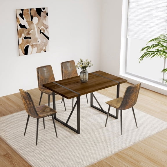 MDF Caramel Dining Table and Modern Dining Chairs Set of 4, Mid Century Wooden Kitchen Table Set, Metal Base & Legs, Dining Room Table and Linen Chairs