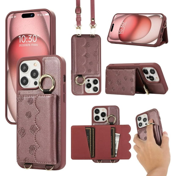 for iPhone 15/15 Pro/15 ProMax Wallet Case Magnetic Closure with 4 Card Slots and 1 Crossbody Strap and Stand Ring and Flower Pattern Design Leather Protection Cover for Women,6 Color