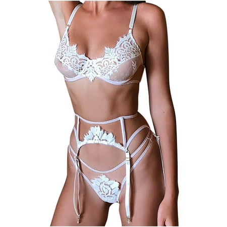 

YYDGH Lingerie for Women 3 Piece Lingerie Set with Garter Belt Bra and Panty Sets Sexy Lace Bodydoll Teddy Lingerie White M