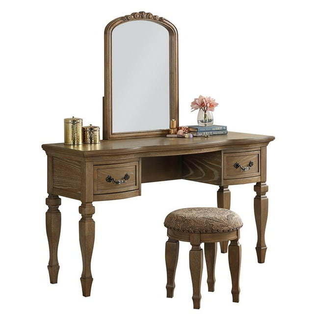 Poundex Wood Vanity Set with Stool and Mirror in Antique Oak