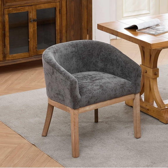 EHANCIS Mid Century Modern Barrel Dining Chairs, Chenille Upholstered with Natural Hardwood Frame, Farmhouse Linen Fabric Accent Chair for Dining Room,Kitchen,Office,Gray