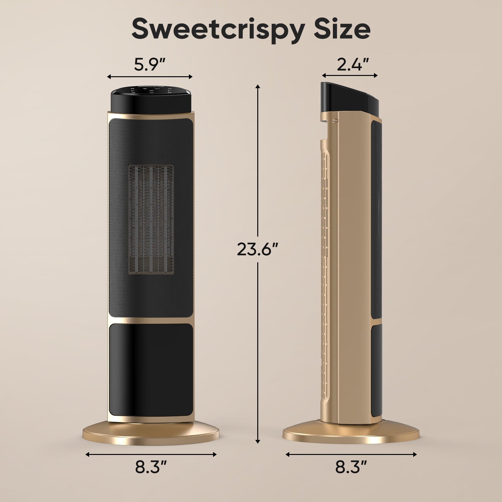CONCETTA Tower Space Heater with Fireplace Effect – Oscillating Function, Remote Control, 1500W Heating,Gold