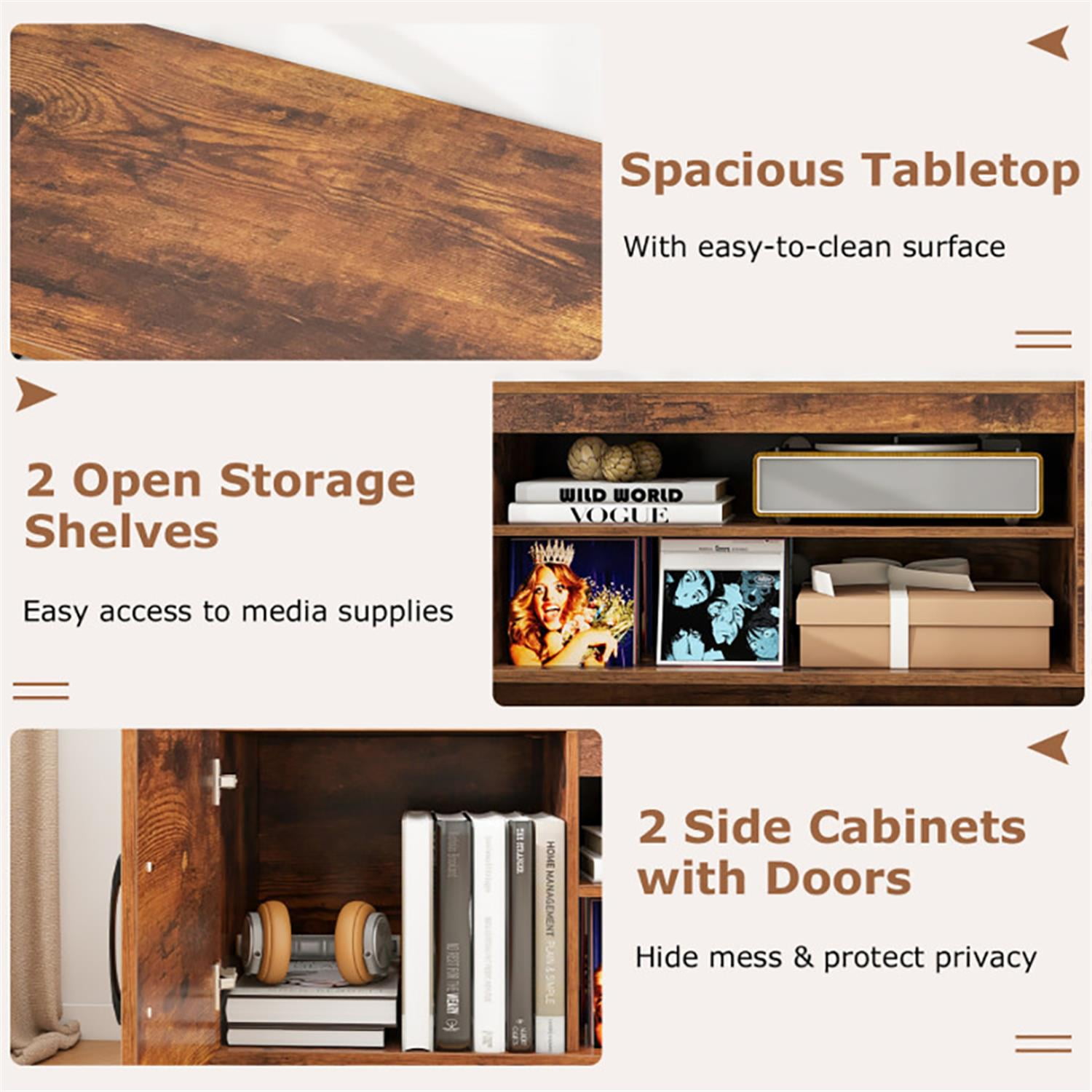 Demi Bonn TV Stand for 65" TVs, Entertainment Center with Power Outlet and 2 Cable Holes, Modern Media TV Console Table for Living Room Bedroom, Brown