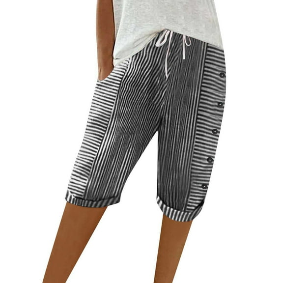 Casual Pants for Women Striped Panel Loose Drawstring Pocket High Waist Five Point Black Trousers Pants for Women L