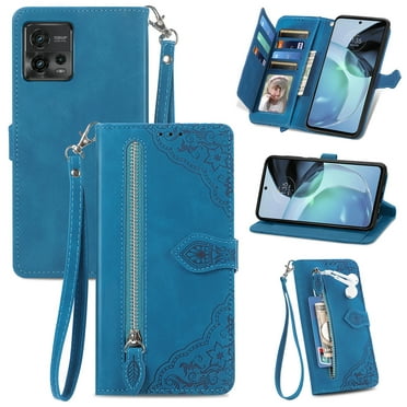 for Motorola Moto G72 Wallet Case, [Flower Embossed] Premium PU Leather Wallet Flip Protective Phone Case Cover with Card Slots and Stand with Wrist Strap for Motorola Moto G72,Blue