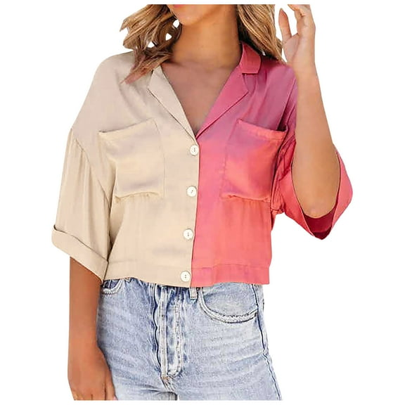 Button Down Shirts for Women Lapel Color Block Casual Henley V Neck Blouses Tunic Loose Half Sleeve T Shirts Tops