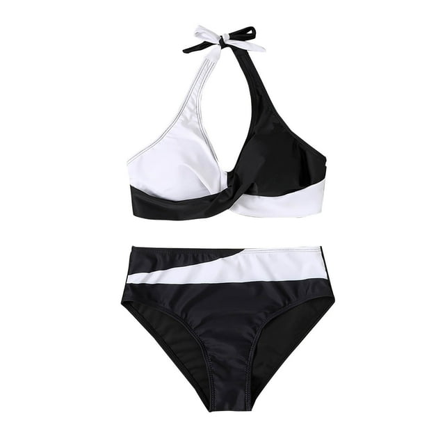 Conjunto de Bikini de Cintura Alta para las Mujeres Bloque de Color Cruzando Suspensiones, Traje de Baño de Moda sin Espalda Sexy