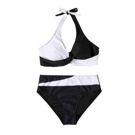 UTSJKR Deals Womens Halter Split Swimsuit Color Block Swimsuit Bikini Two-Piece Swimwear Tie Dye Triangle Swimwear White XXXXXL
