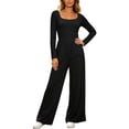 thumbnail image 3 of Bovxnpu Women's Casual Loose Overalls Jumpsuits One Piece Rompers Squared Neck Long Sleeve Ruched Waist Wide Leg Pants Loungewear, 3 of 7