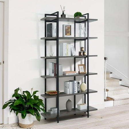 CAPHAUS 6-Tier Book Shelf, 86" H Vintage Industrial Bookcase with Open Display Shelving, Wooden and Metal Shelving Unit, Bookshelves and Bookcases, Stand Shelf for Bedroom, Home Office, Dark Grey