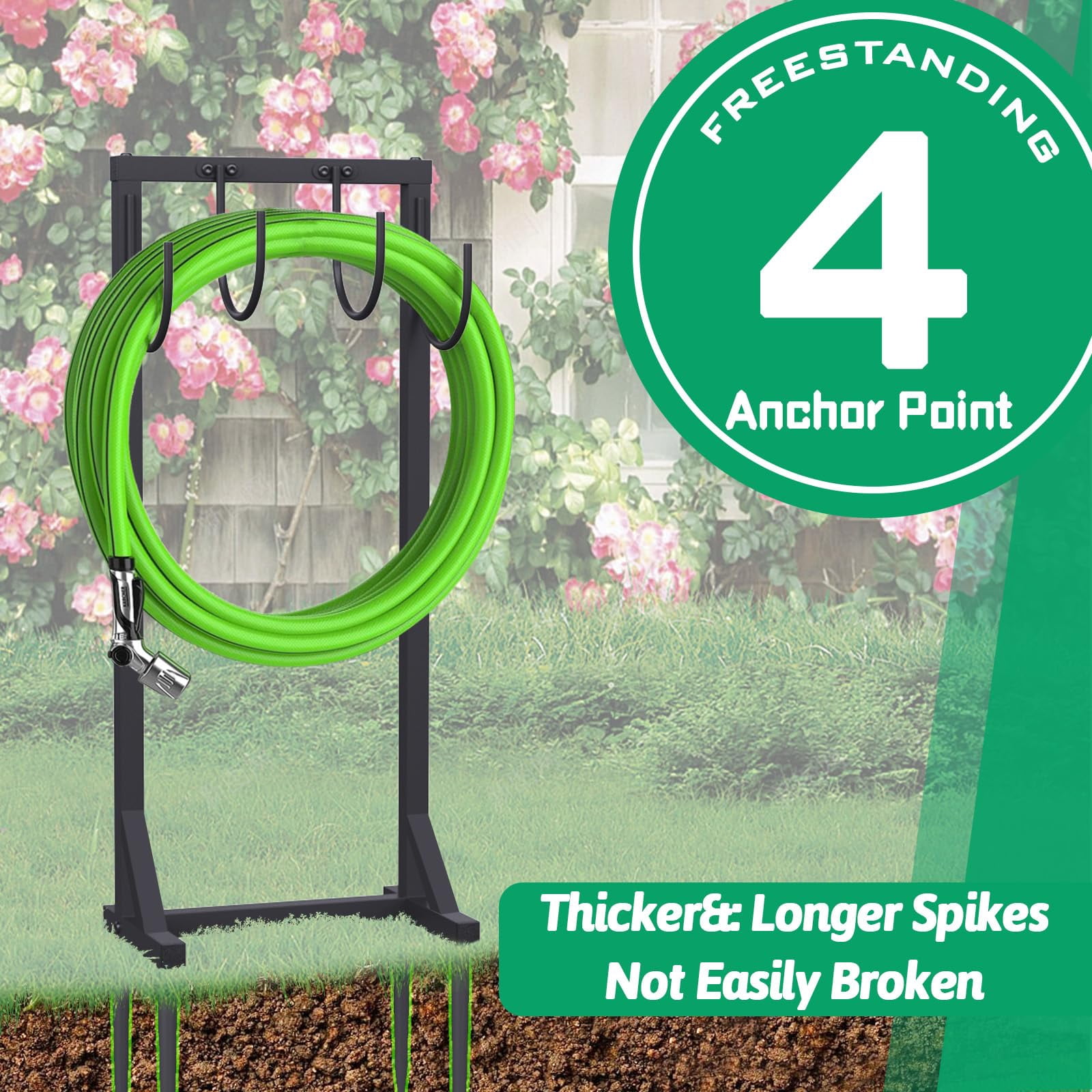 Yacona Garden Hose Holder, Freestanding Hose Reel Hanger for Outside with 4 Spikes, Water Hose Storage for Garden Yard Lawn, Black