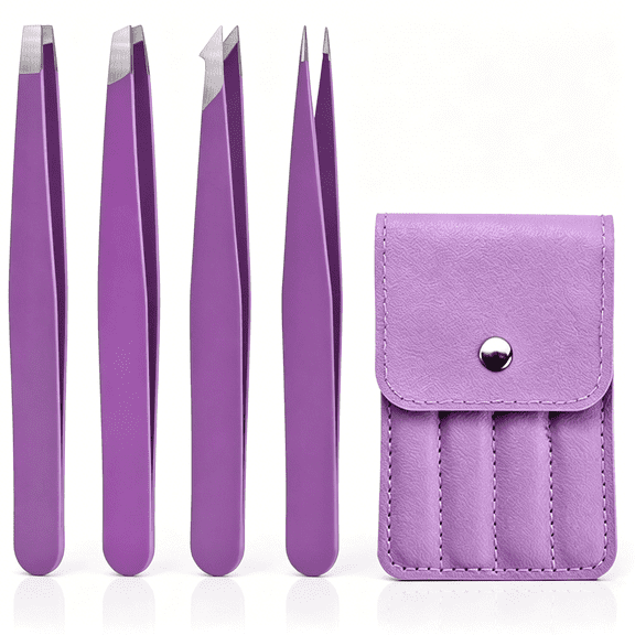 ACDANC Purple Tweezers Set,4 Pack Stainless Steel Eyebrow Tweezers with Travel Case for Women&Men,Precision Tweezers for Facial Hair,Ingrown Hair&Splinter Removal
