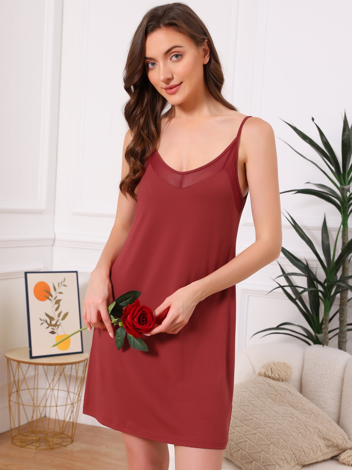 DARING DIVA Women's Sleeveless Cami Slip Sexy Mesh V Neck Sleepwear 2XL Wine