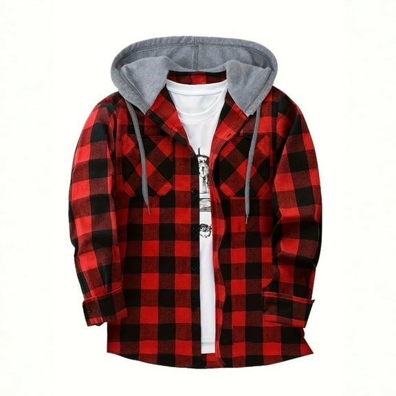 Men Checked Hooded Shirt Long Sleeve Button Down Casual Loose with Drawstring Pocket Outwear